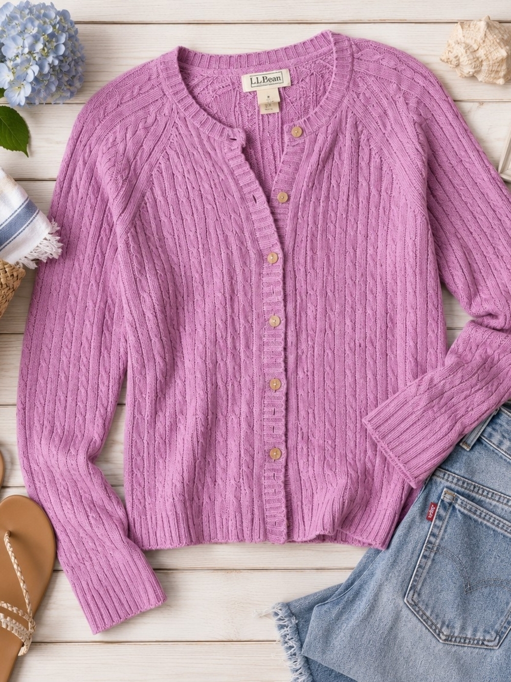 L.L.Bean Cable Knit Cardigan Sweater Women's Small Lavender Purple Cotton Button